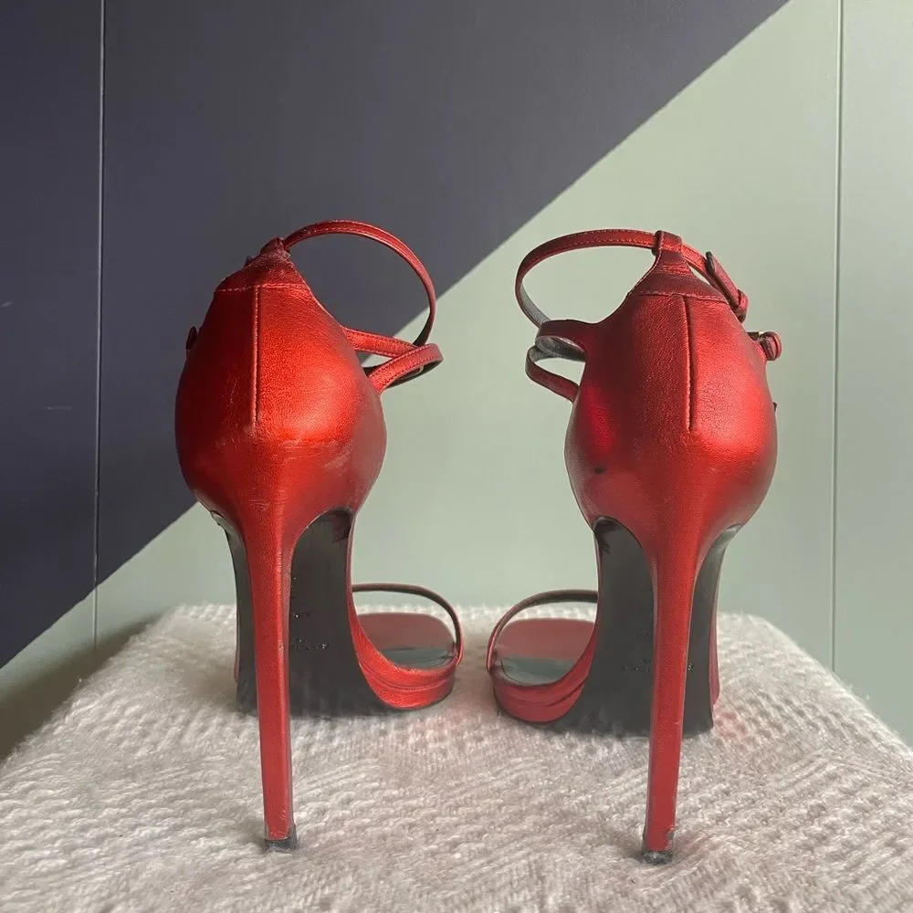 Saint Laurent / YSL Strappy Heeled Sandals, Metallic Rouge Orient, Size 37 - Picture 3 of 11